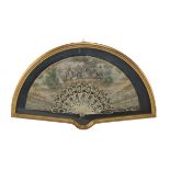 FAN IN PAINTED PAPER, FRANCE 19TH CENTURY decorated with landscape and playing children. Sticks in