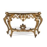 CONSOLE IN GILTWOOD, PROBABLY ROME, 19TH CENTURY top in white marble, apron pierced to scrolls,