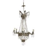 BELL CHANDELIER, EMPIRE PERIOD with crown in gilded and embossed metal with six arms, with rows of