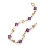 FANTASY BRACELET in yellow gold 18 kts., with amethysts and small pearls. Length cm. 19, total