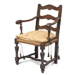 ARMCHAIR IN CHESTNUT TREE, VALLEY OF AOSTA 18TH CENTURY back with triple splat, arms shaped with
