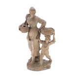 NEAPOLITAN SCULPTOR, 19TH CENTURY Farmer woman and little boy with baskets Group in earthenware with