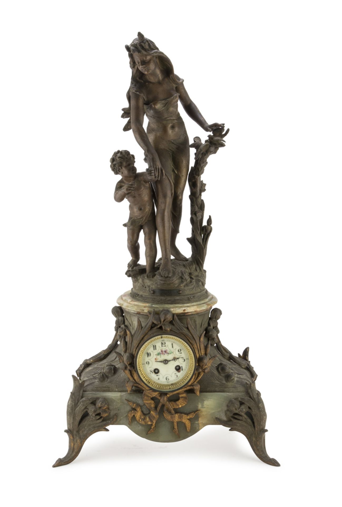 Clock In Antimony And Onyx, France LATE 19TH CENTURY with dial in enamel and superior allegory to