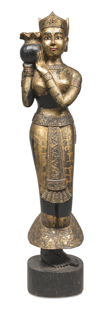 BIG STATUE OF DIVINITY, IN LACQUERED AND GILDED WOOD, THAILAND OR BURMA, 20TH CENTURY