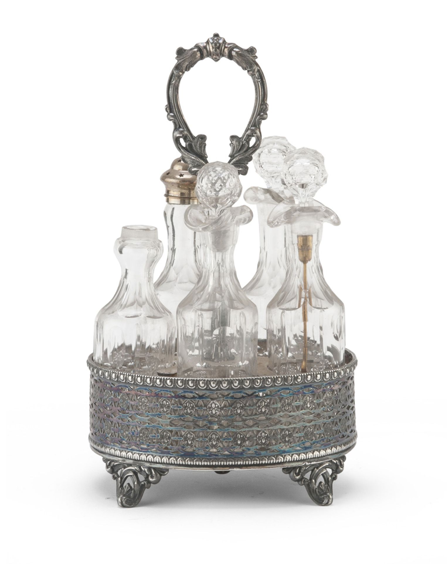 SILVER-PLATED CRUET, PUNCH SHEFFIELD 1835 CA. of oval shape with five bottles in cut crystal