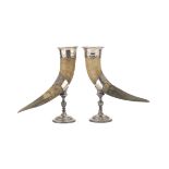 A PAIR OF CORNUCOPIAS IN HORN AND SILVER-PLATED METAL, PUNCH GERMANY GEISLINGEN LATE 19TH CENTURY