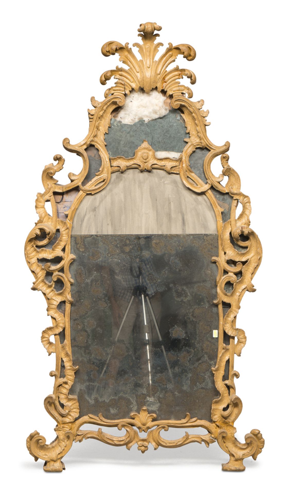 MIRROR IN YELLOW LACQUERED WOOD, PIEDMONT 18TH CENTURY double mirror with frame graven to