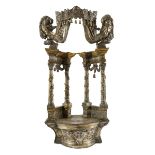 RARE SMALL ALTAR, NAPLES 18TH CENTURY in silver-plated and gilded metal, Tympanum with drapery and