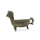 RITUAL BRONZE, CHINA 19TH CENTURY shaped to bowl with zoomorphic jug. Tripod support. Measures cm.