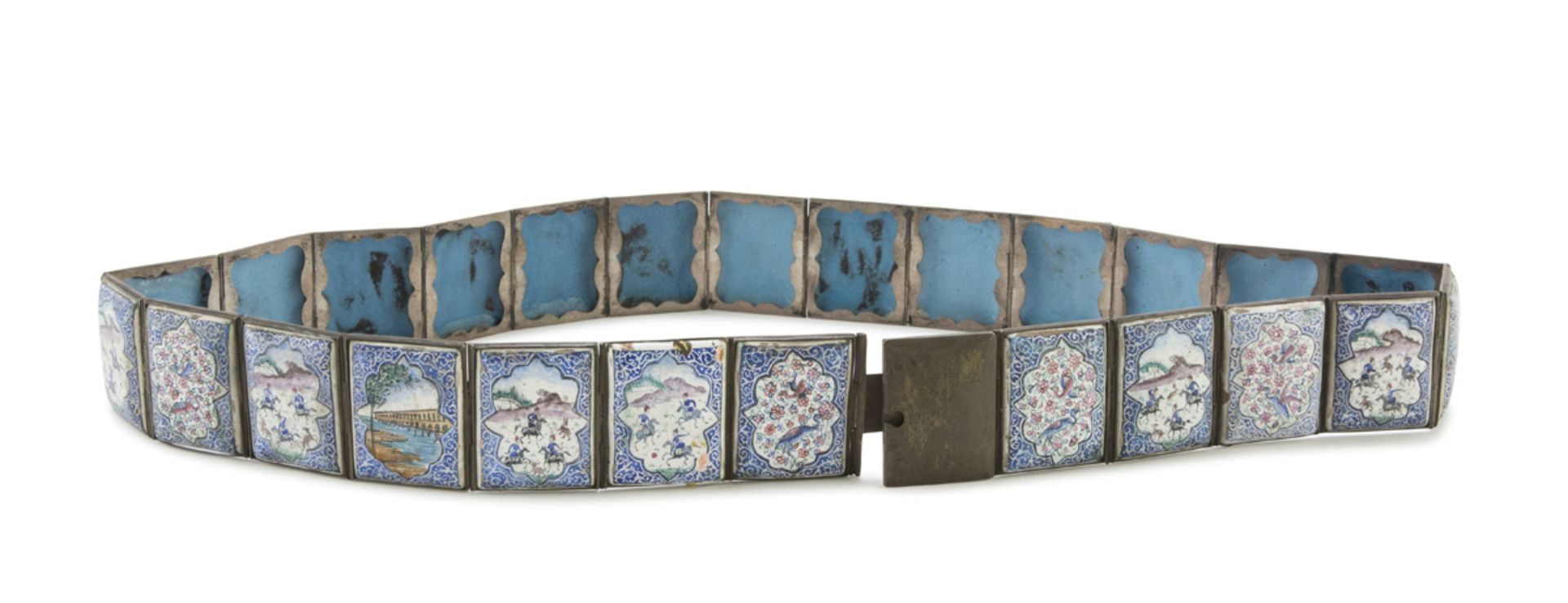 METAL BELT IN POLYCHROME ENAMELS, PERSIA, EARLY 20TH CENTURY consisting of twenty-five small