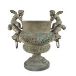 BIG GARDEN VASE, EARLY 20TH CENTURY in bronze with green patina, body decorated with garland and