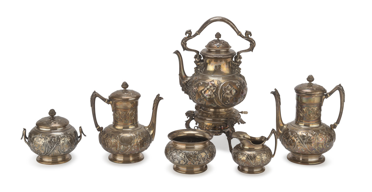 EXTRAORDINARY TEA AND COFFEE SERVICE, PUNCH TIFFANY & CO. NEW YORK 1860/1872 elements chiseled to