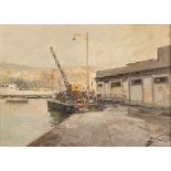 ANTONIO GRAVINA (Naples 1934-2011) Crane at the docks of Pozzuoli Oil on canvas, cm. 50 x 70