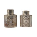 TWO FLASKS IN SILVER, PUNCHES SHEFFIELD AND LONDON 1904/1898 engraveD with coat of arms and