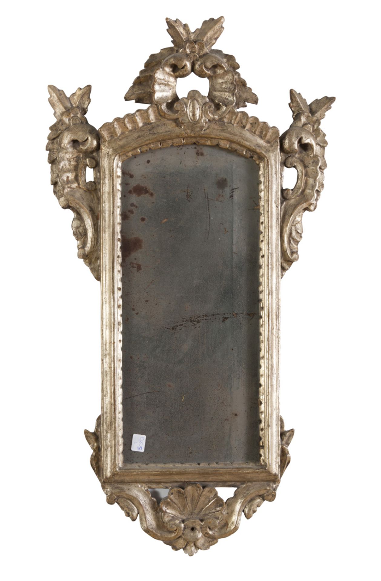 SMALL MIRROR IN SILVER-PLATED WOOD, VENETO 19TH CENTURY with friezes sculpted to scrolls, leaves and