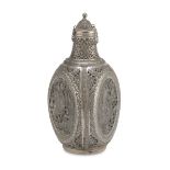 BEAUTIFUL SILVER FLASK, PUNCH PERSIA 19TH CENTURY of triangular shape, pierced and chiseled to