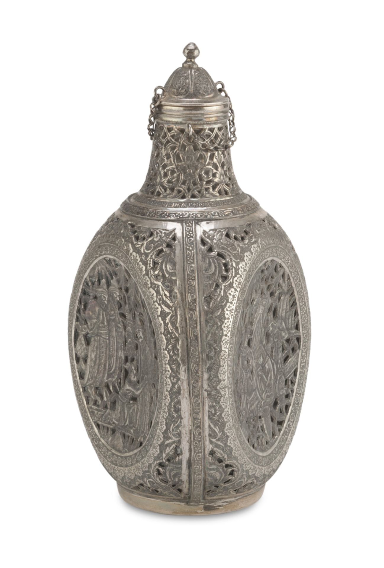 BEAUTIFUL SILVER FLASK, PUNCH PERSIA 19TH CENTURY of triangular shape, pierced and chiseled to