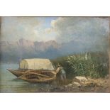 UBERTO DELL'ORTO (Milan 1848 - 1895) Mountain lake view with fisherman Oil on canvas, cm. 23 x 32