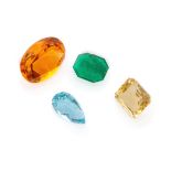 FOUR PRECIOUS STONES among which pear cut aquamarine, octagonal cut emerald and two oval and