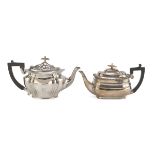 TWO SILVER-PLATED TEAPOTS, PUNCH LONDON 1864/1893 oval bodies with wooden handles and knobs in