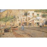 VINCENZO CAPRILE (Naples 1856 - 1936) Houses at the shore, Capri Oil on panel, cm. 17,5 x 29 Signed,