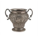 SMALL SILVER OINTMENT VASE, PERSIA 19TH CENTURY entirely embossed with reserves with devotional