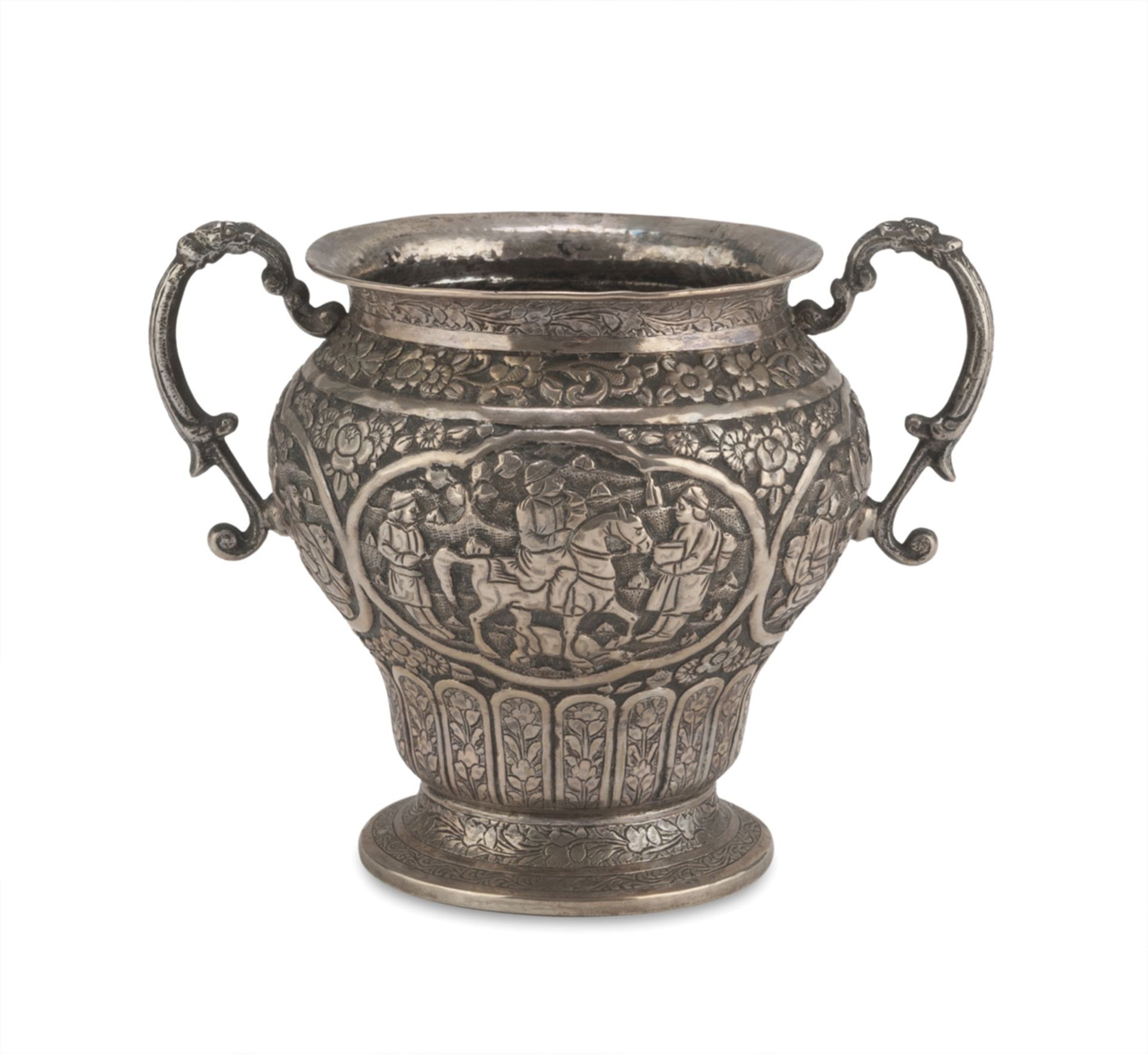 SMALL SILVER OINTMENT VASE, PERSIA 19TH CENTURY entirely embossed with reserves with devotional