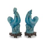 A PAIR OF SCULPTURES IN GLAZED CERAMICS, CHINA, 20TH CENTURY representing two roosters on big rocks.