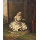 EUROPEAN PAINTER, 19TH CENTURY Interior with girl and dog Oil on canvas, cm. 62 x 51 Lack to the