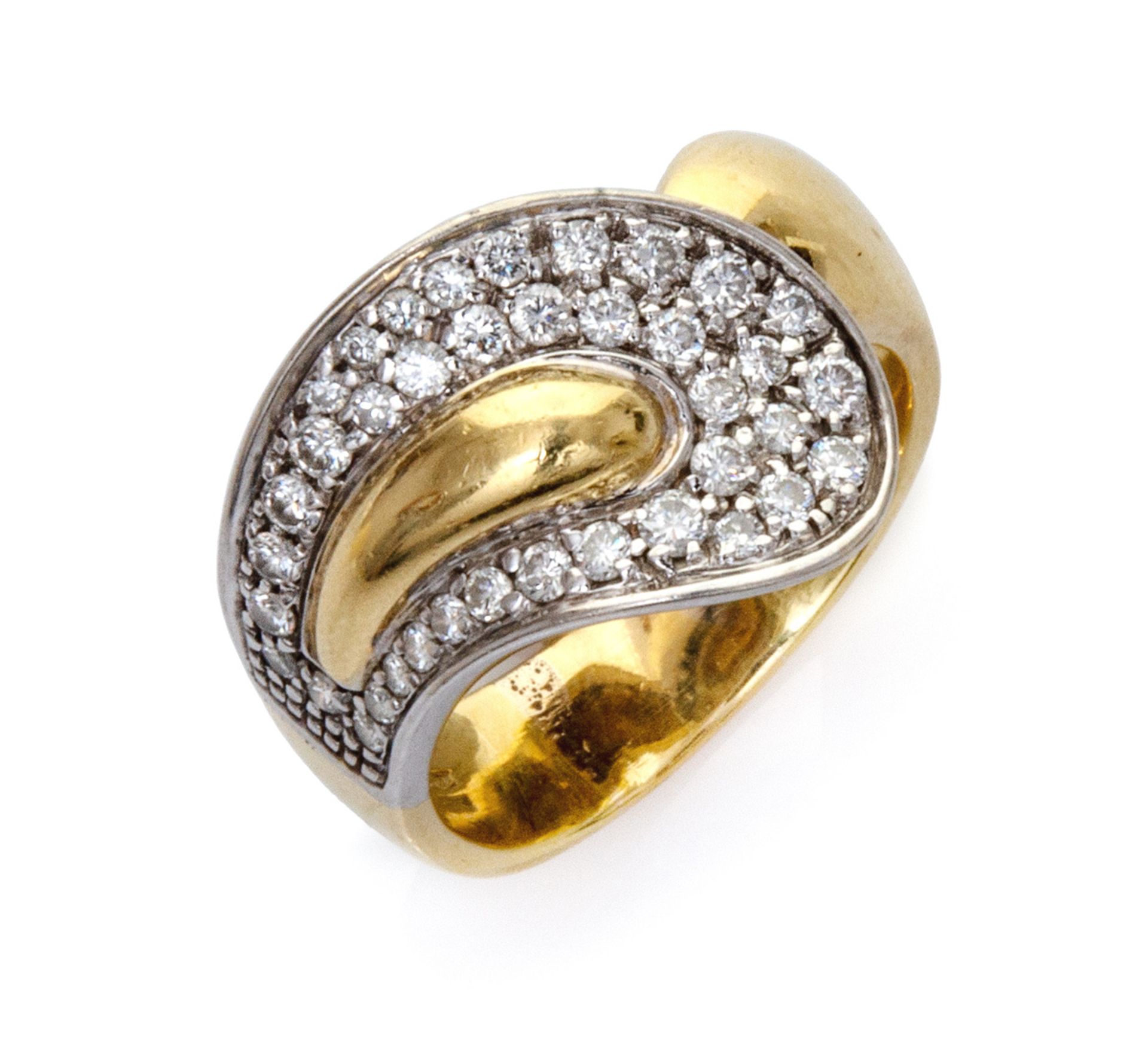 DAMIANI RING in yellow gold 18 kts., moved body studded with diamonds. Diamonds ct. 1,10 ca, total