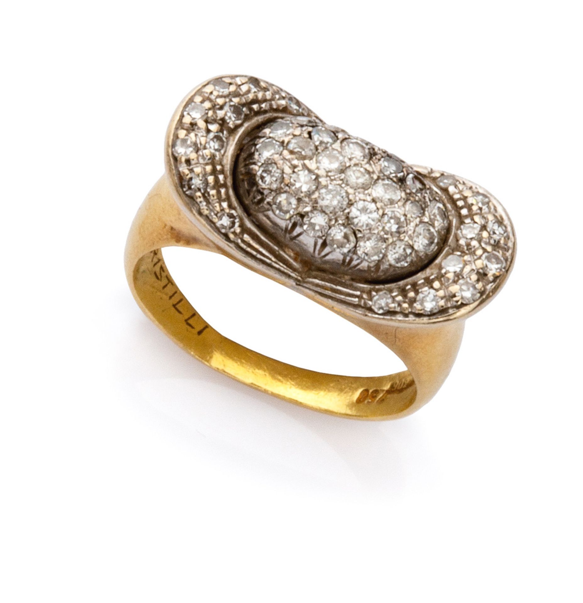 RING in yellow gold 18 kts., dome-shaped studded with diamonds. Diamonds ct. 0.50 ca., total