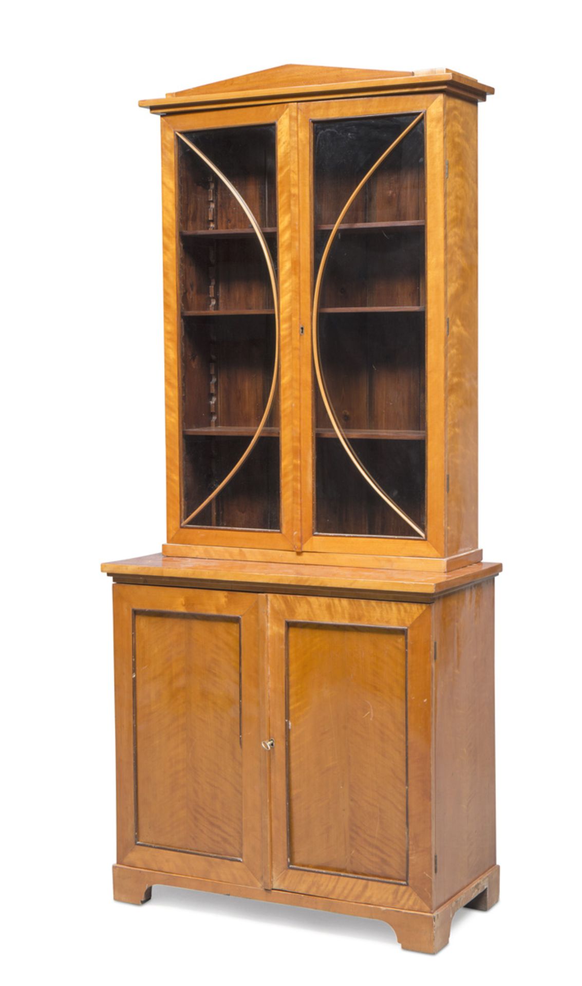 SIDEBOARD CABINET IN MAPLE TREE, BIEDERMAIER PERIOD in two bodies, upper part with two glass