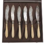 SIX FISH KNIVES IN SILVER, PUNCH BIRMINGHAM 1864 with bone handles and blades chiseled to figures of