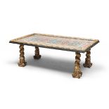 LAQUERED WOOD TABLE, ANTIQUE ELEMENTS ornaments in polychromy and faux marbles. Top frame as