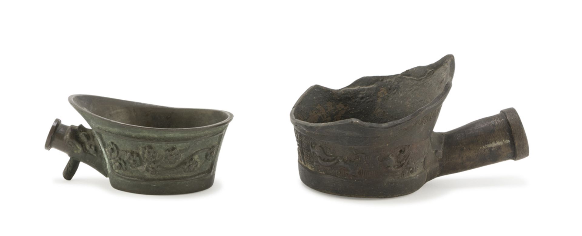 TWO BRONZE OIL LAMPS, CHINA EARLY 20TH CENTURY decorated with archaizing motifs, chilong and