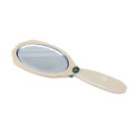 HAND MIRROR in bakelite of mixtilineal shape, with oval mirror and inserts in jadeite. Measures