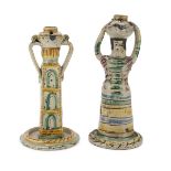 TWO RARE OIL LAMPS IN MAIOLICA, ARIAN IRPINO 18TH CENTURY in polychromy, shaped to tower with oil