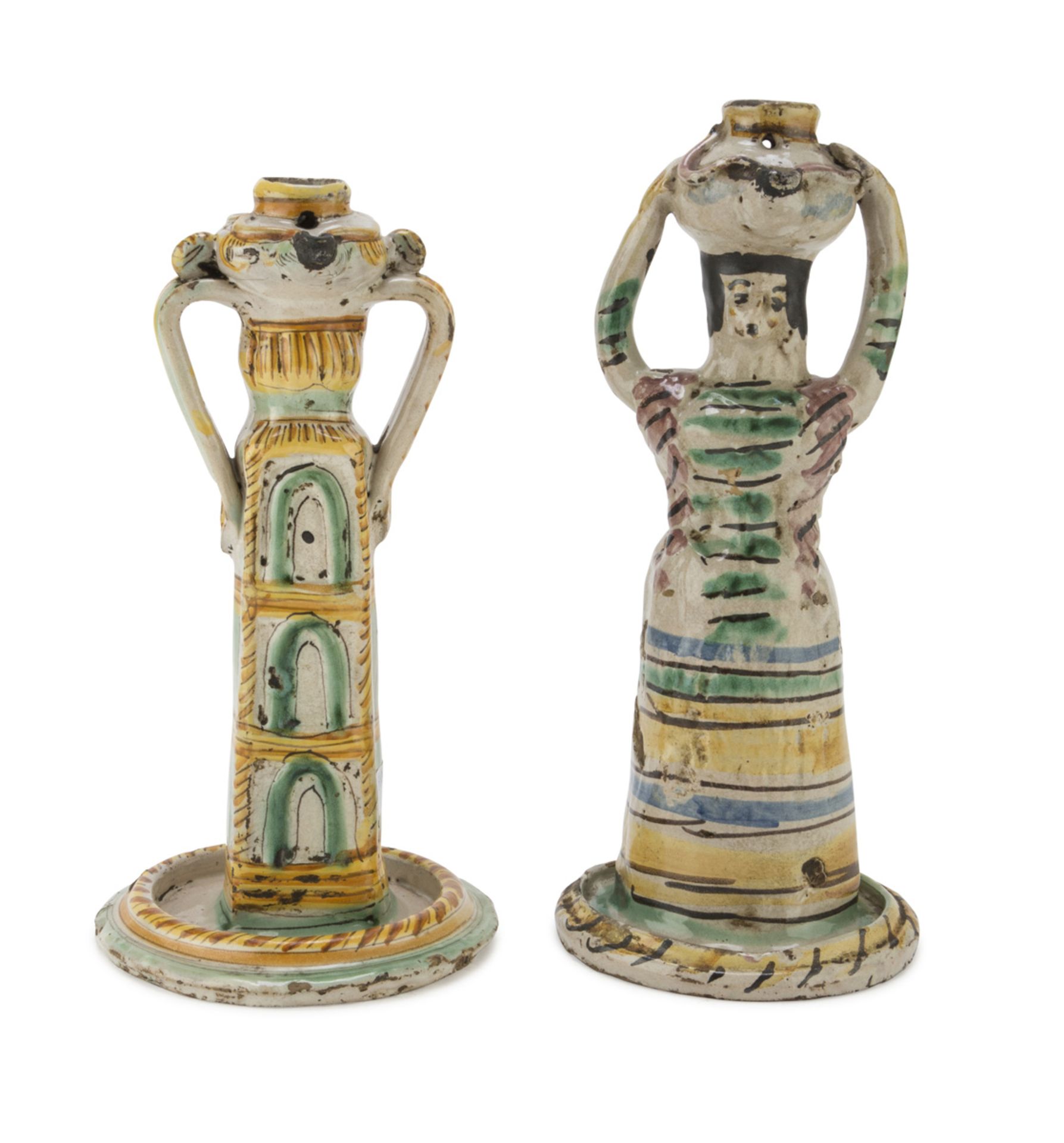 TWO RARE OIL LAMPS IN MAIOLICA, ARIAN IRPINO 18TH CENTURY in polychromy, shaped to tower with oil