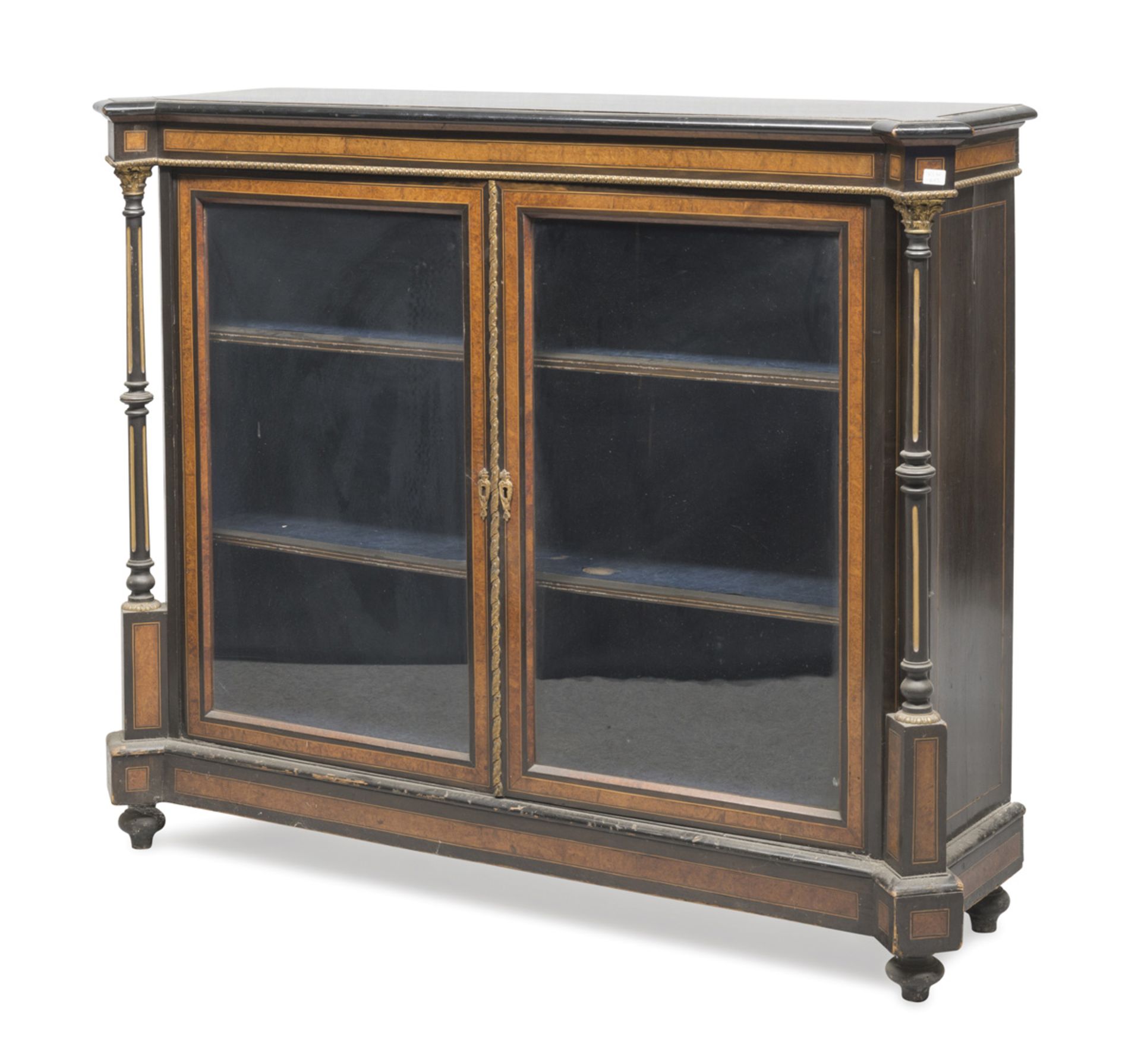 CABINET IN EBONY AND ELM TREE, FRANCE PERIOD NAPOLEON III with threads in satin wood. Two glass