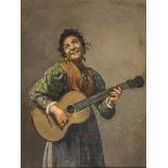 VINCENT BUSCIOLANO (Naples 1851-1926) Woman with guitar Oil on canvas, cm. 30 x 40 Signature and