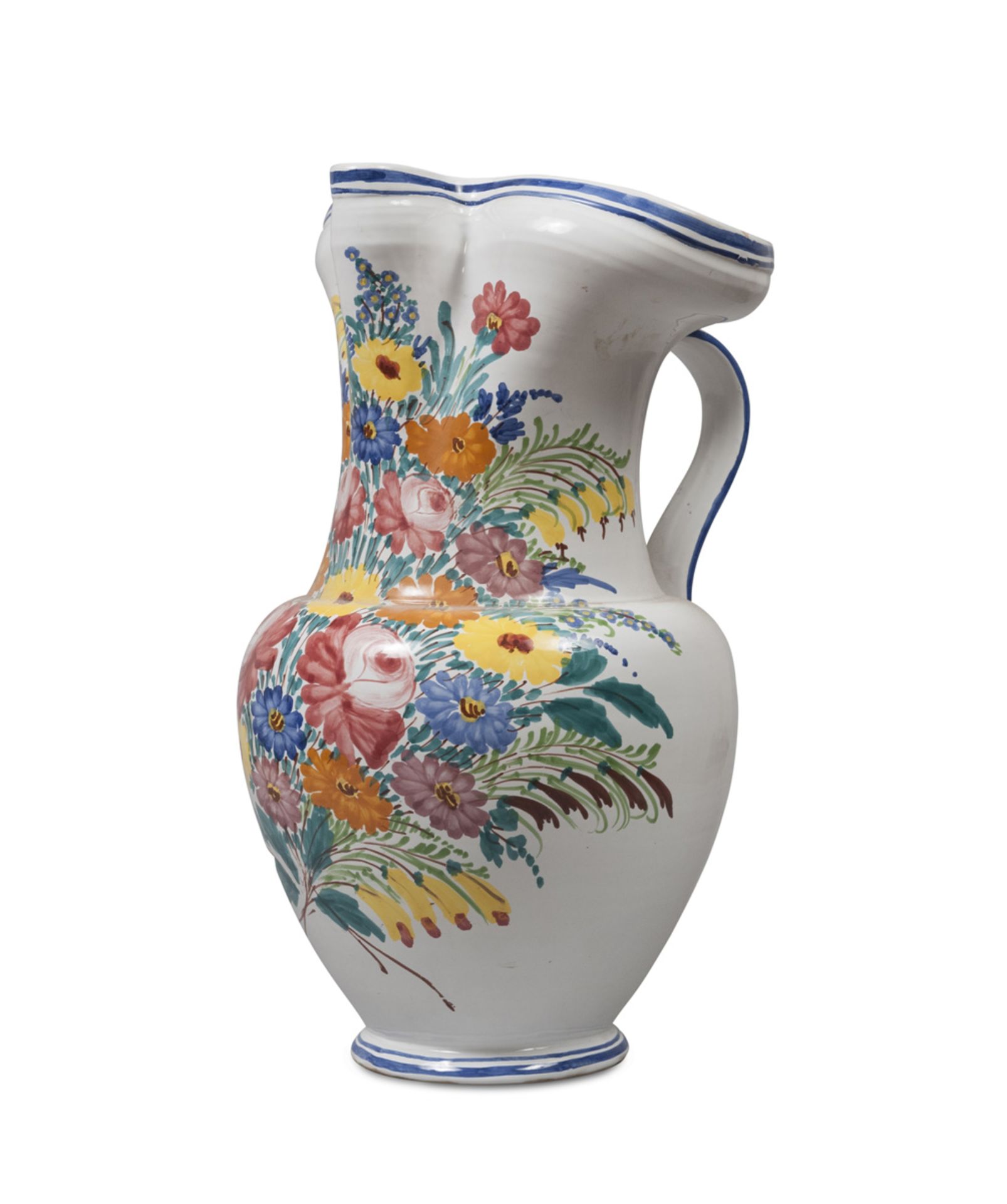 A BIG CERAMIC PITCHER, BRAND BUONTEMPO EARLY 20TH CENTURY in white and polychrome enamel decorated