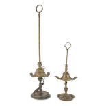 TWO FLORENTINE OIL LAMPS IN BRASS, 19TH CENTURY of three and two flames, with round bases. Maximum