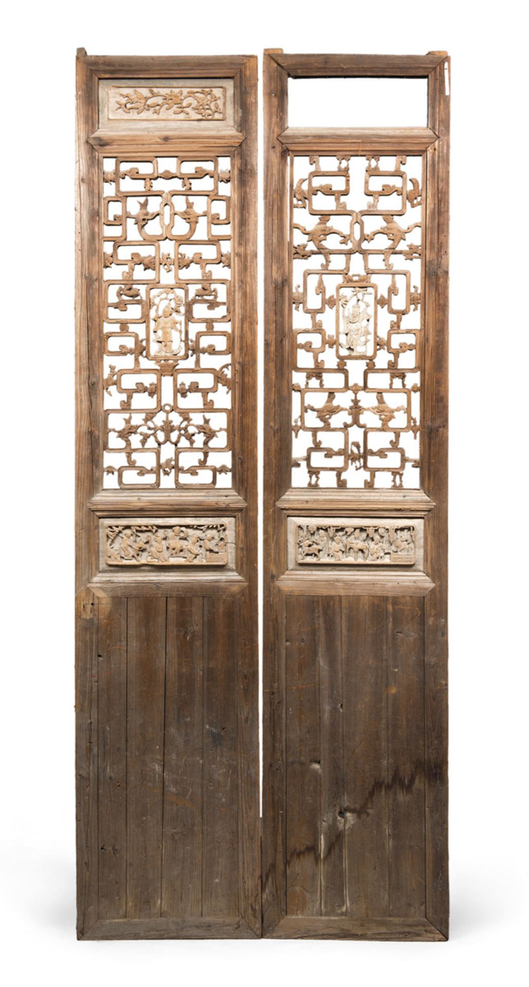 A PAIR DOORS IN OF JUMU WOOD, CHINA 19TH CENTURY. upper part pierced to meander and linghzi with