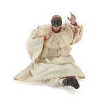 PULCINELLA DOLL, NAPLES LATE 19TH CENTURY in ceramics and wood, with clothes in cotton. Measures cm.