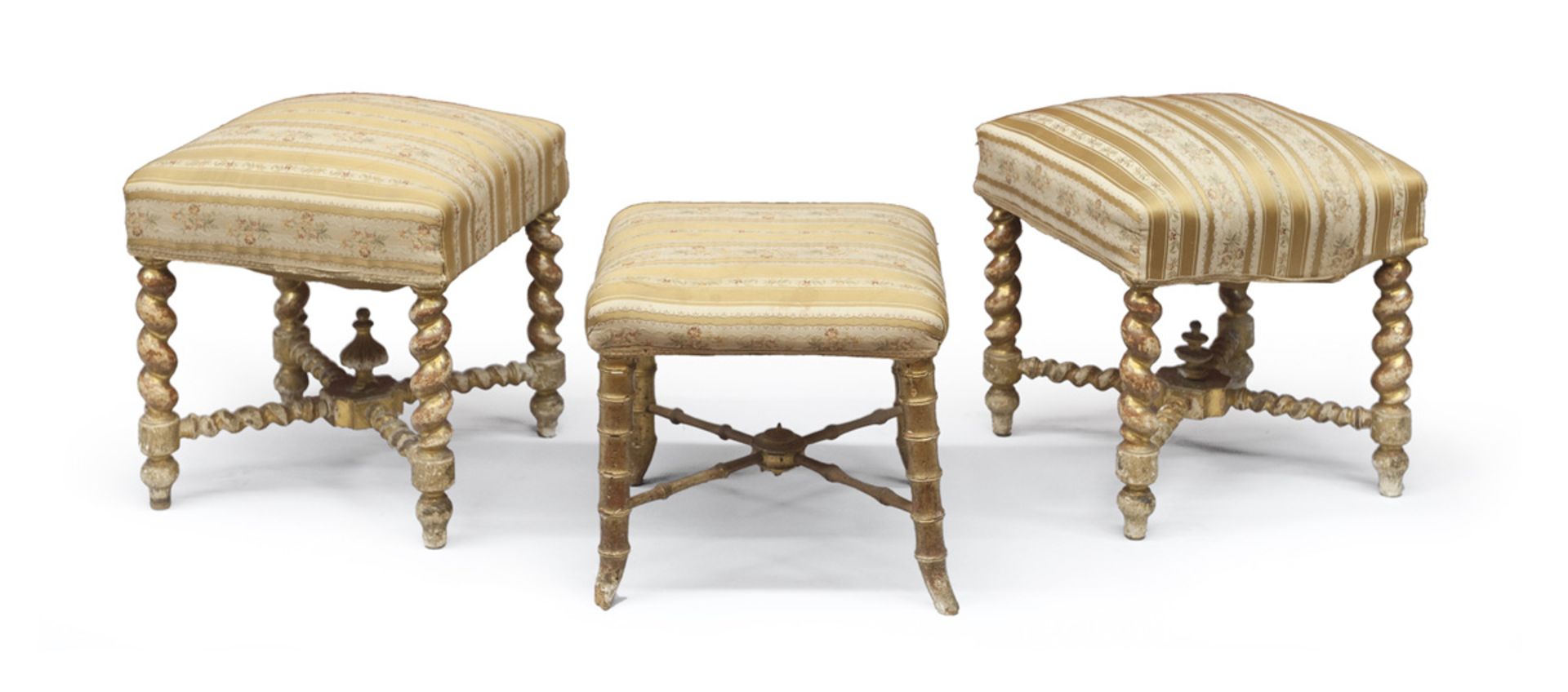 THREE GILTWOOD STOOLS, NAPLES 19TH CENTURY with faux bamboo legs and stretchers with pinnacles.