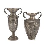 TWO SILVER VASES, PERSIA 19TH CENTURY bodies chiseled with devotional motifs, landscapes with