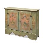 SMALL SIDEBOARD IN LACQUERED WOOD, SICILY, ANTIQUE ELEMENTS green ground and two doors painted