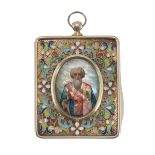 SMALL ICON IN NACRE AND SILVER, PUNCH MOSCOW 1908/1926 nacre painted with figure of Saint