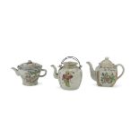 THREE TEAPOTS IN POLYCHROME ENAMELLED PORCELAIN, CHINA 20TH CENTURY decorated with representation of