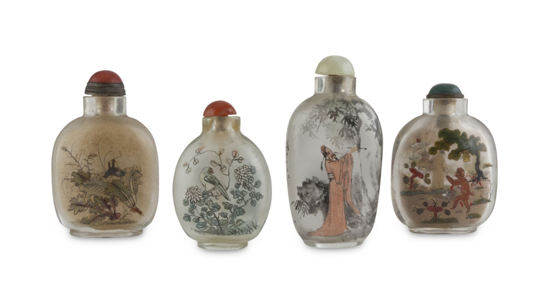 FOUR SNUFF BOTTLE IN POLYCHROME PAINTED GLASS, CHINA 20TH CENTURY decorated with representation of